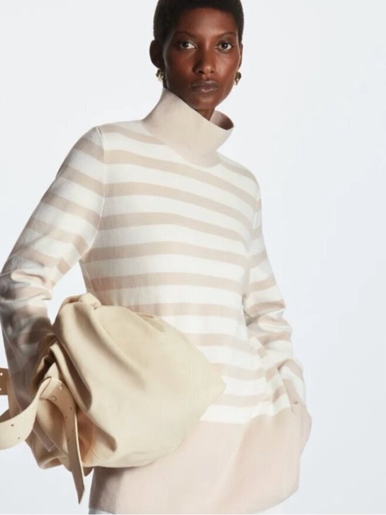 COS Sweaters - COS Stripe Thick Cotton Mock Neck Striped Sweater Cream White Large